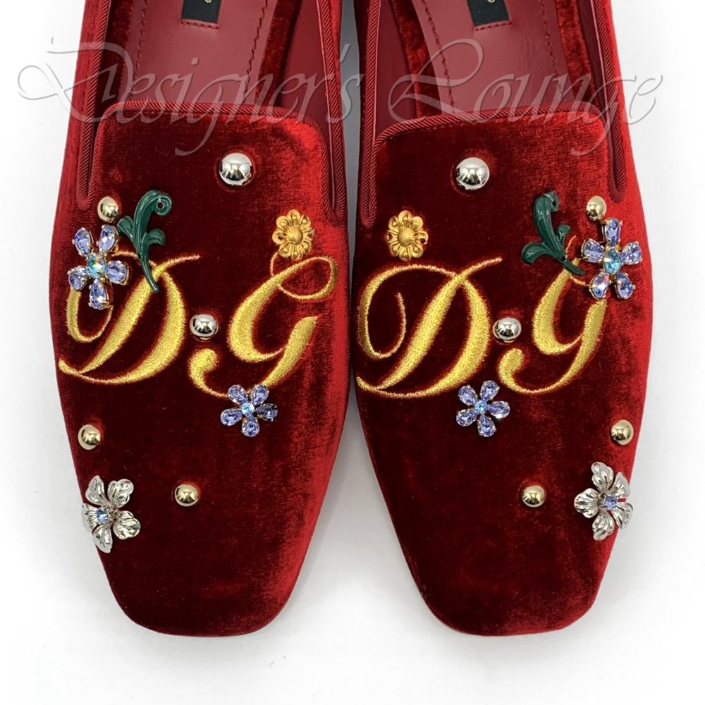 NIB DOLCE & GABBANA Red Velvet Crystal Loafers - Picture 4 of 8
